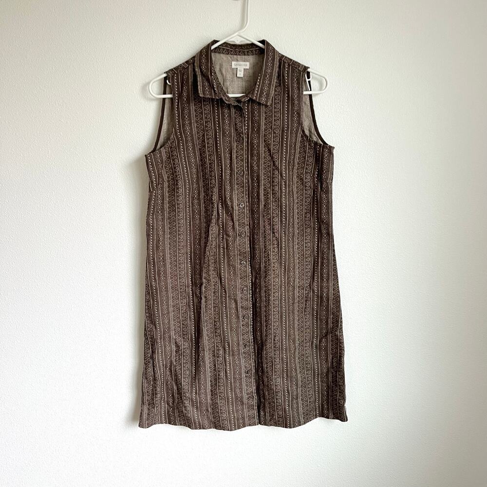 Garnet Hill Sleeveless 100% Linen Brown Patterned Button Dress Women’s 6 - Picture 2 of 9